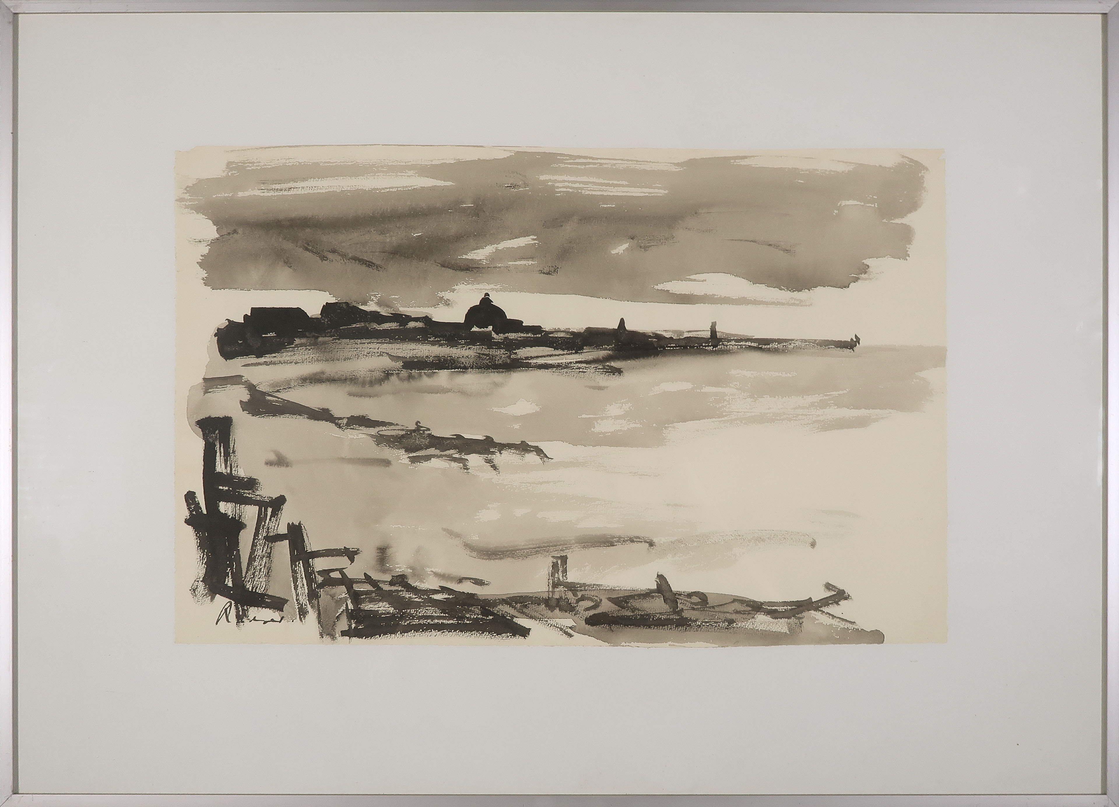 Willy Rieser - Inkttekening, Scheveningen - Ingelijst verkocht voor € 120!