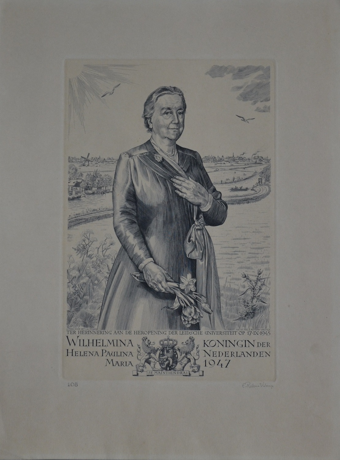 Engelien Reitsma-Valenca - ets, herinnering aan opening Leidse Universiteit, 1945 kopen? Bied vanaf 20!