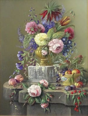 Buy Thomas Heesakkers - Mooi groot pronkstilleven van bloemen en fruit op paneel.? Bid from 595!