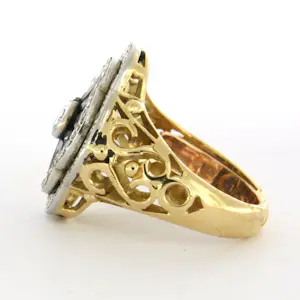 18k bicolour gouden ring met saffier, briljant en single cut geslepen diamanten kopen? Bied vanaf 1400!