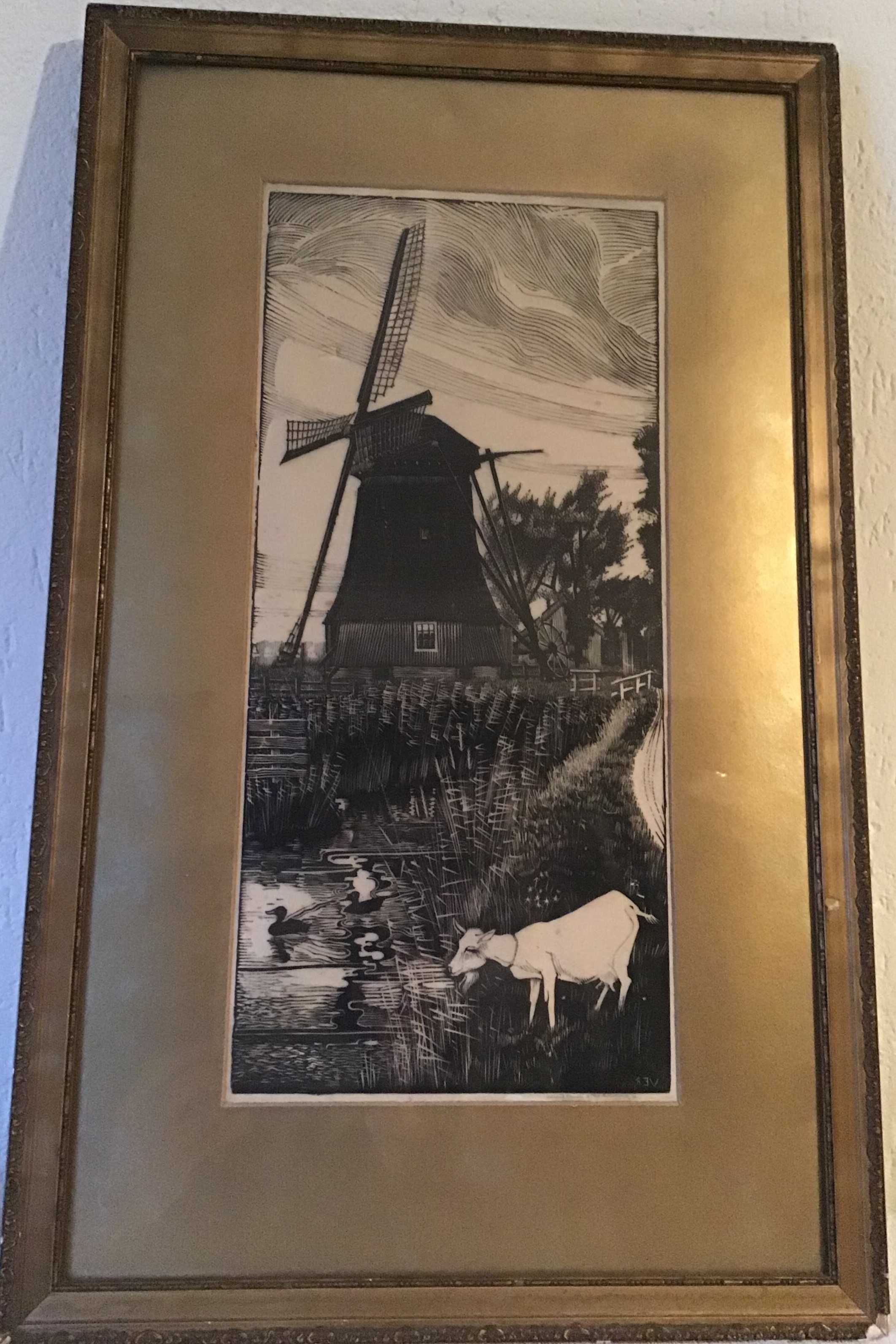 Jan Veringa - 1907-1982 Houtsnede , Molen met geitje aan de waterkant kopen? Bied vanaf 40!