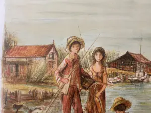 Jaques Lalande - Litho, Titel, Les petits pecheurs. kopen? Bied vanaf 50!