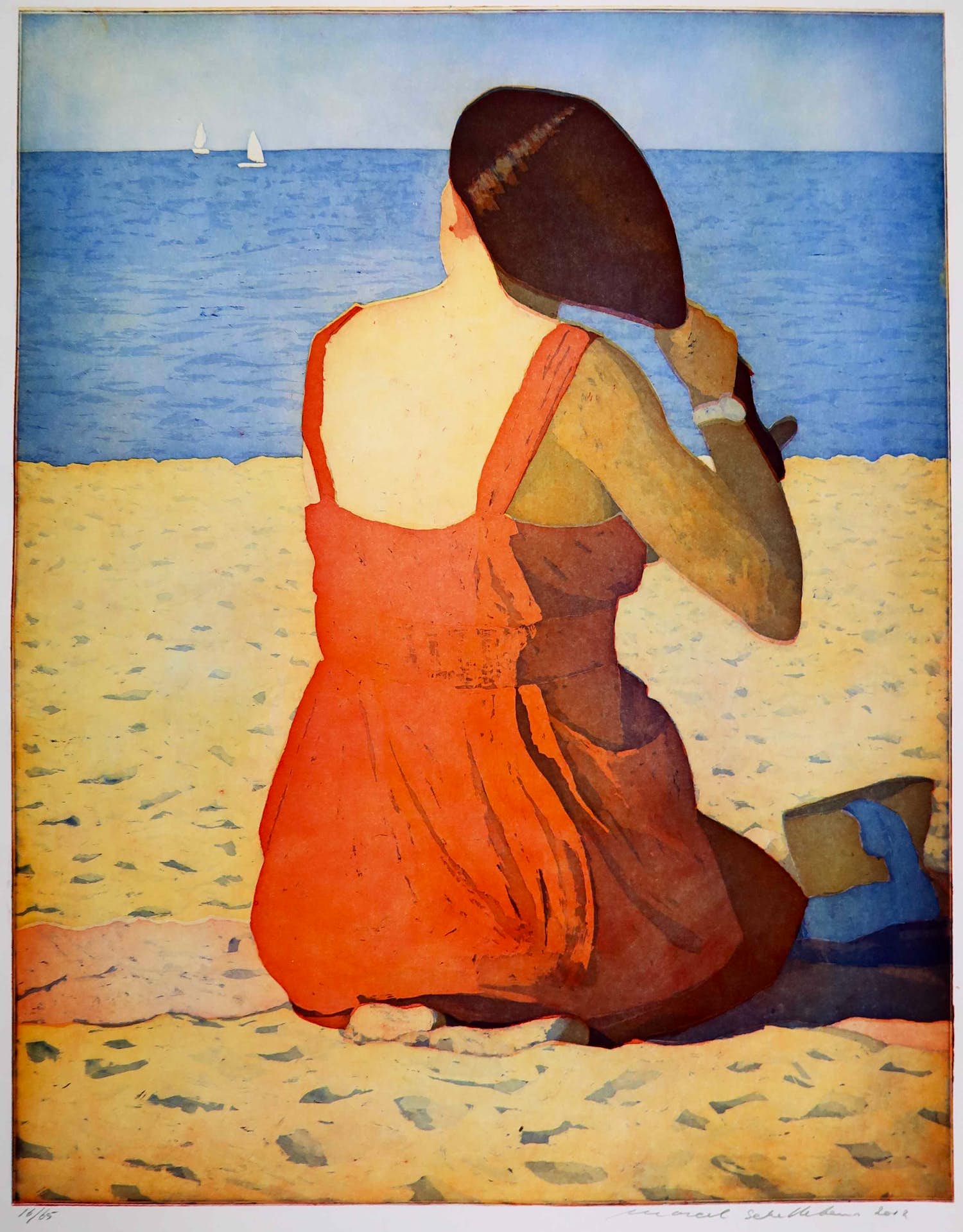 Marcel Schellekens - Kleurenets, Kammend op het strand (Groot) verkocht voor € 1!