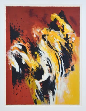 Mattie Schilders - Gele rotsen als wolken om een bergtop - Ingelijst - Groot kopen? Bied vanaf 50!