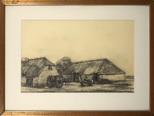 Leon Dekoninck - Houtskooltekening, Boerderij in landschap - Ingelijst kopen? Bied vanaf 10!