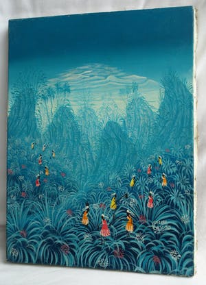 Niet of onleesbaar gesigneerd - Acrylverf op doek , “Blauw landschap met vrouwen“ kopen? Bied vanaf 1!