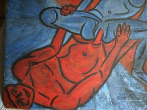 Niet of onleesbaar gesigneerd - Acrylverf op paneel , “Erotische voorstelling” – groot, 100 x 108 cm kopen? Bied vanaf 1!