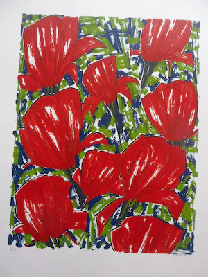 Ad van Hassel - Zeefdruk. Rode tulpen. kopen? Bied vanaf 25!