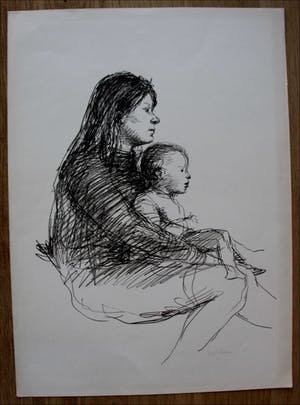 Aat Veldhoen - Rotaprint - portret van Lotje Veldhoen met Martijn - 1964 kopen? Bied vanaf 75!