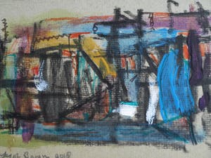 Jasper Banen - Acrylverf, pastel, potlood en pen op karton , “Haven” - ingelijst – 2018 kopen? Bied vanaf 10!