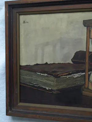 Jo Lodeizen - Olieverf op paneel, Stilleven met boeken en zandloper – 1931 kopen? Bied vanaf 1!