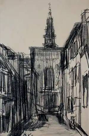 Kees Verwey - Krijttekening: Kerkstraat in Haarlem verkauft für € 225!