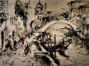 Niet of onleesbaar gesigneerd - Groot expressionistisch olieverf op doek "Venetië" - gesigneerd kopen? Bied vanaf 1!