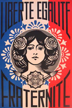 Shepard Fairey - LIBERTÉ, ÉGALITÉ, FRATERNITÉ - gesigneerd verkauft für € 1!