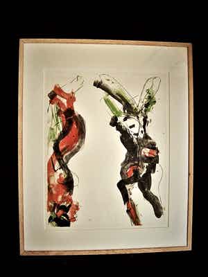 Ger Lataster - Grote abstracte litho - Groen, Oranje en Zwart - 1988 - exclusief ingelijst. verkocht voor € 10!