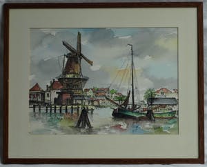 Niet of onleesbaar gesigneerd - Gesigneerd “Belleke ?” , Aquarel - “Molen aan de haven” – ingelijst kopen? Bied vanaf 10!