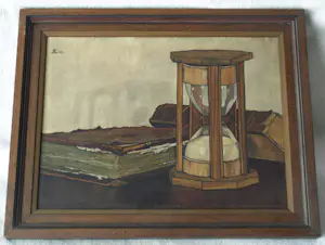 Jo Lodeizen - Olieverf op paneel, Stilleven met boeken en zandloper – 1931 kopen? Bied vanaf 1!