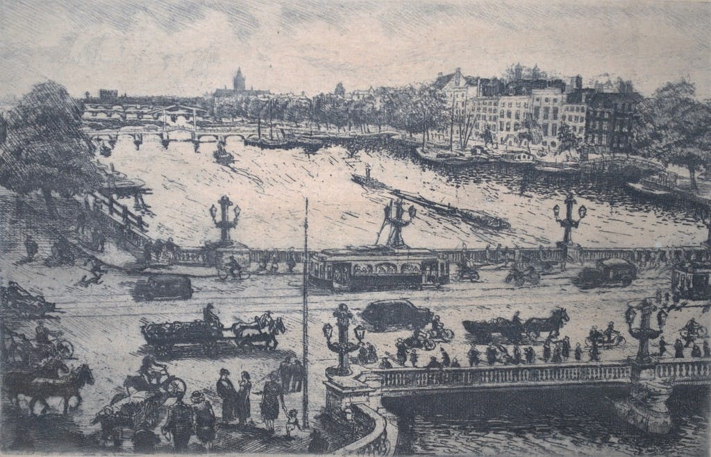 Toon Pluymers - Rond de Blauwbrug Amsterdam - mooi ingelijste ets, eigen druk door Toon Pluymers kopen? Bied vanaf 110!