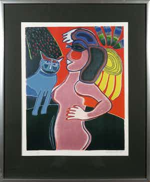 Corneille - Litho, Femme et chat - Ingelijst verkocht voor € 200!