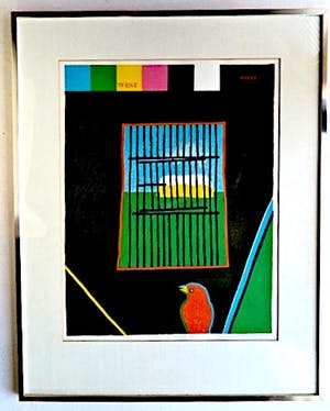 Harrie Gerritz - Verdwaalde Vogel (kijkt door tralies naar het landschap) - Ingelijst kopen? Bied vanaf 49!