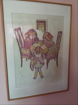 Mieke Burgers-Witteveen - Hout-linoleumsnede, Drie kleine kleuters kopen? Bied vanaf 35!