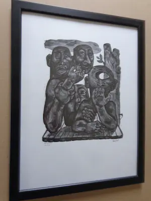 Lou Strik - DE VISITIE / ZW-W LINOSNEDE / 43x33cm / KADER / SIG kopen? Bied vanaf 25!