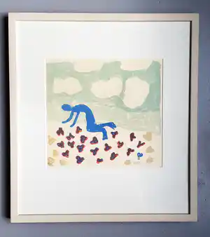 Klaas Gubbels - Knielen op een bed violen (Siebelink), netjes ingelijst verkocht voor € 180!