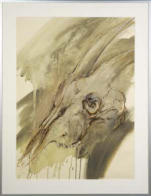 Wim de Bruin - Gemengde techniek op papier, Geitenkop - Ingelijst verkocht voor € 50!