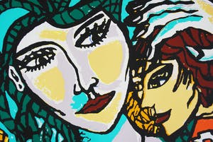 Fabrice Hund - Straatscene met vrouw en wereldbol - zeefdruk kopen? Bied vanaf 35!