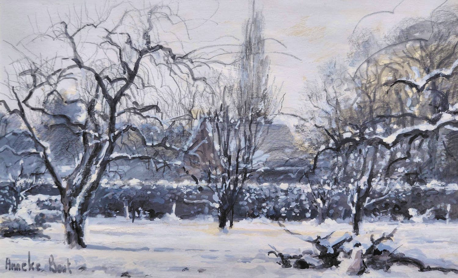 Anneke Boot - Besneeuwde tuin, gemengde techniek op papier (ingelijst) kopen? Bied vanaf 60!