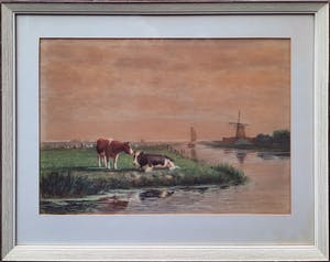 Jacob Oudes - Koeien in Noord Hollands Landschap met molen - aquarel - ingelijst - 21910 kopen? Bied vanaf 65!