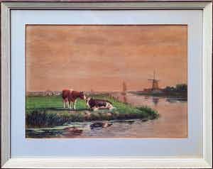 Jacob Oudes - Koeien in Noord Hollands Landschap met molen - aquarel - ingelijst - 21910 verkocht voor € 65!