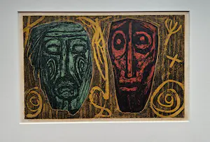 AcheterRu van Rossem - Grote - 1954 -epreuve d'artiste- handgekleurde ets met reliëfdruk "two masks"? Enchérissez de 49!