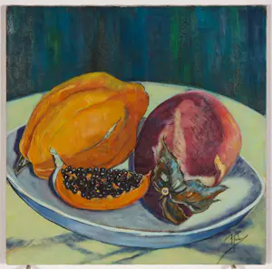 Ruby Bute - Olieverf op doek, Stilleven papaya kopen? Bied vanaf 100!