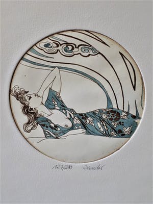 Niet of onleesbaar gesigneerd - dame in blauw op bed kopen? Bied vanaf 10!