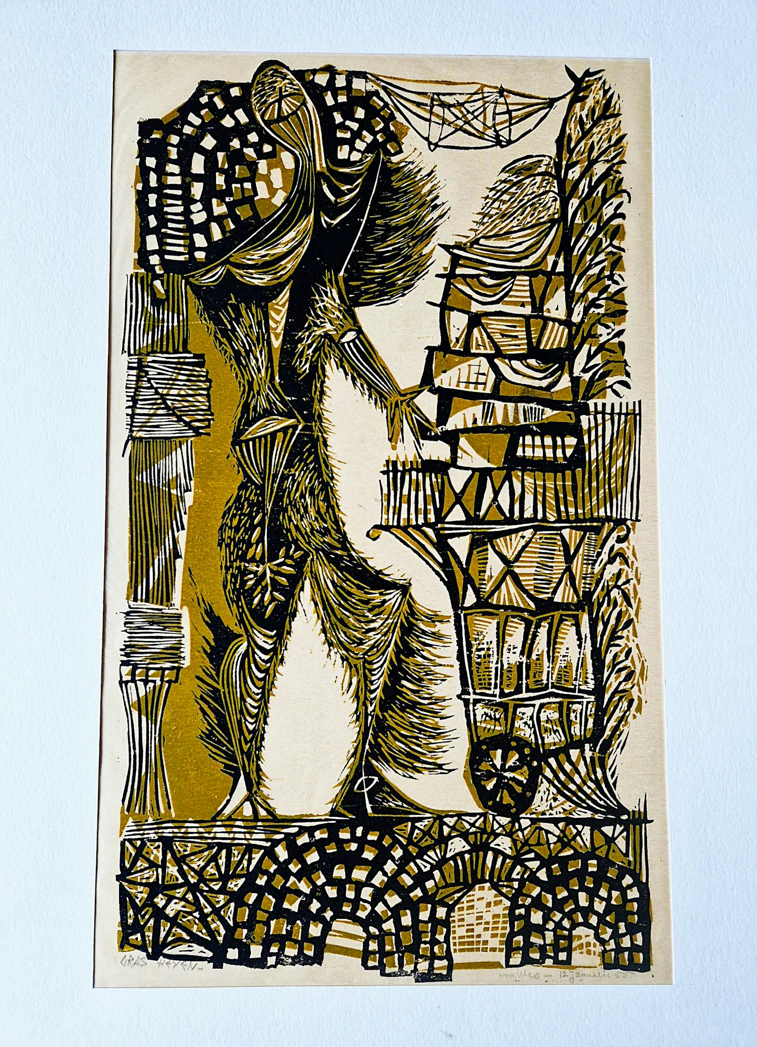 Gras Heyen - Grote jaren 50 handgekleurde Linosnede 'le Messager' - potloodgesigneerd kopen? Bied vanaf 35!