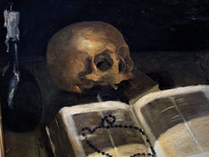 Niet of onleesbaar gesigneerd - Omstreeks 1900 geschilderd Vanitas stilleven met schedel, bijbel en rozenkrans kopen? Bied vanaf 10!