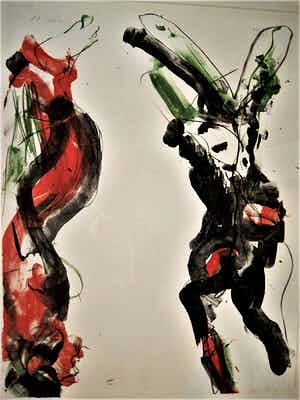 Ger Lataster - Grote abstracte litho - Groen, Oranje en Zwart - 1988 - exclusief ingelijst. verkocht voor € 65!