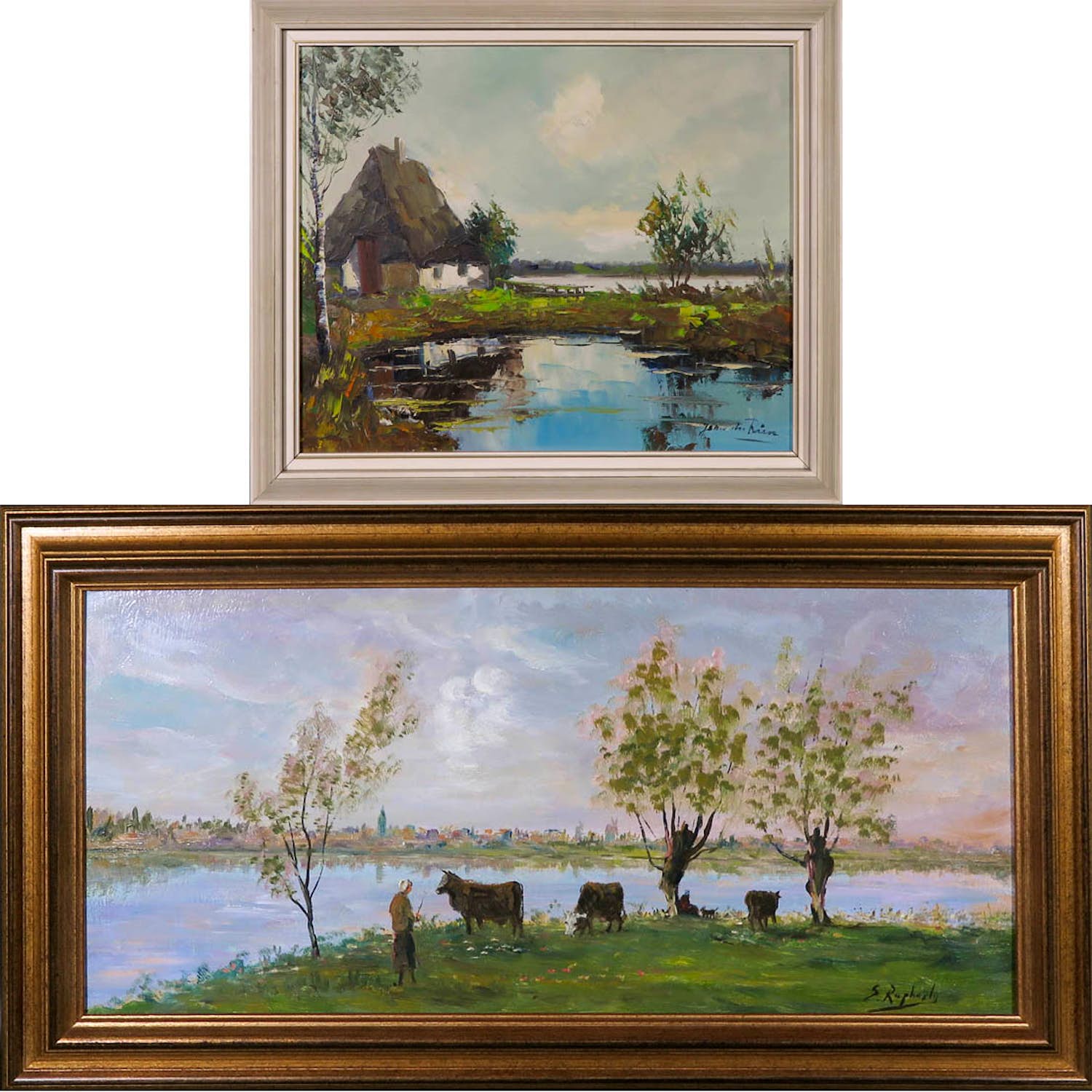 Niet of onleesbaar gesigneerd - Lot van twee landschapjes in olieverf kopen? Bied vanaf 1!