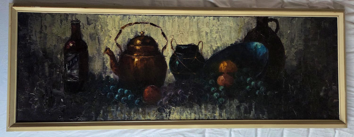 Peter Brouwer - Stilleven met fruit en flessen en potten. kopen? Bied vanaf 129!