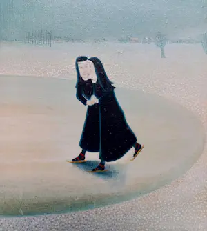 Meike Sund - Schaatsende nonnen, olieverf op doek (netjes ingelijst) kopen? Bied vanaf 225!