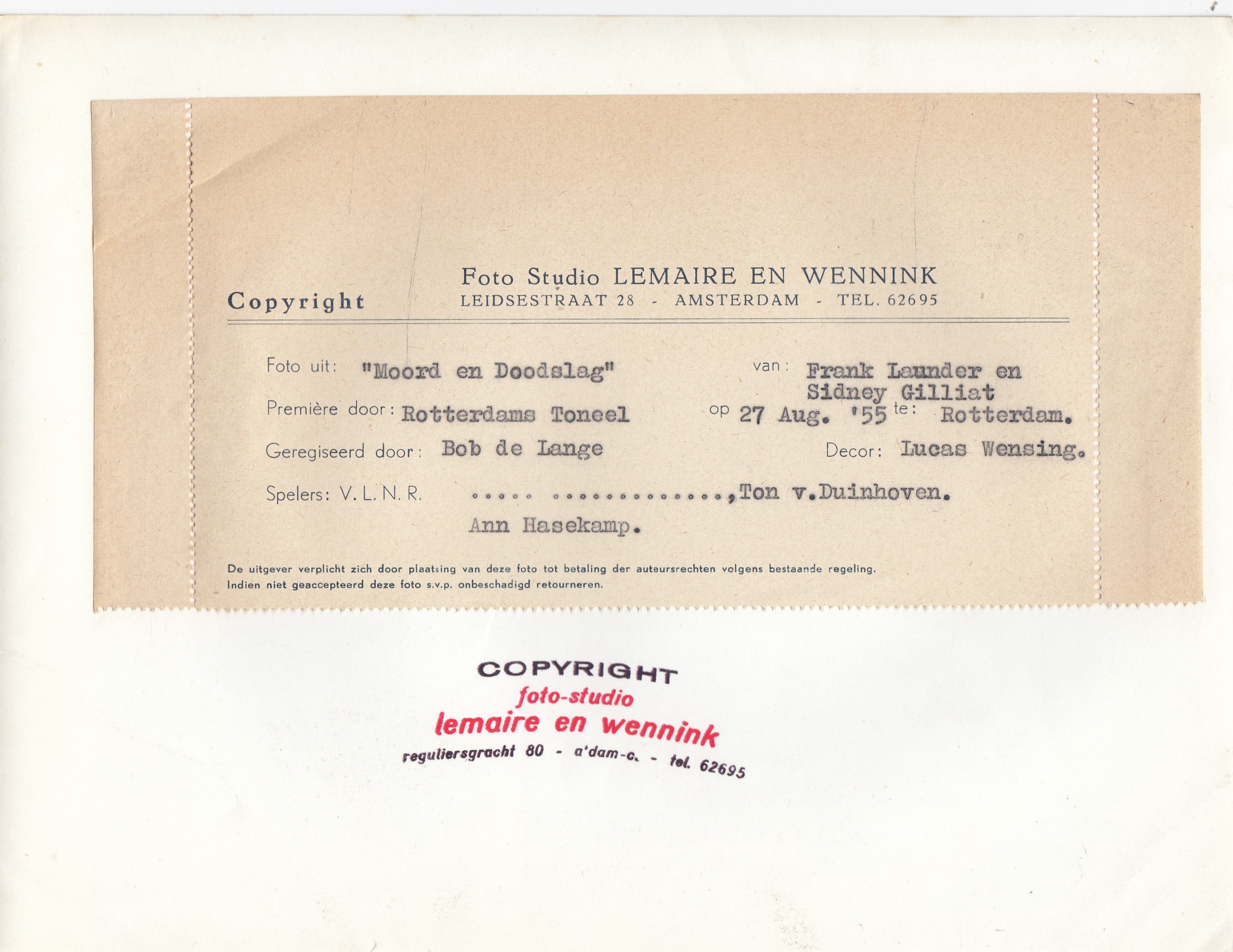 Frits Lemaire - Silvergelatine foto - Ton van Duinhoven & Ann Hasekamp Rotterdams Toneel 1955 kopen? Bied vanaf 1!