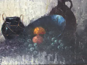 Peter Brouwer - Stilleven met fruit en flessen en potten. kopen? Bied vanaf 129!