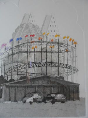 Wim Bettenhausen - Ingekleurde ets in preegdruk. Titel, "kermis aan het Malieveld". kopen? Bied vanaf 70!