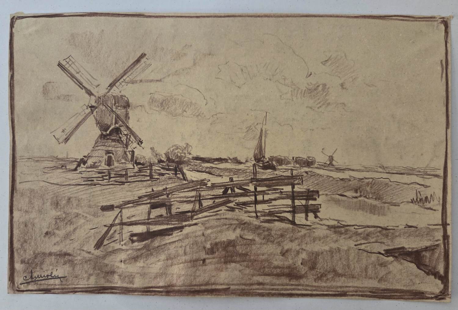 Adrianus Miolee - Molen aan de Vliet. Polderlandschap. Voorschoten.. kopen? Bied vanaf 89!