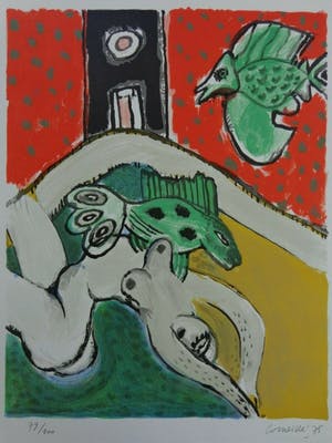 Corneille - LIGGENDE NAAKTE VROUW / KLEURLITHO / 70x50cm / SIG / 1975 kopen? Bied vanaf 95!