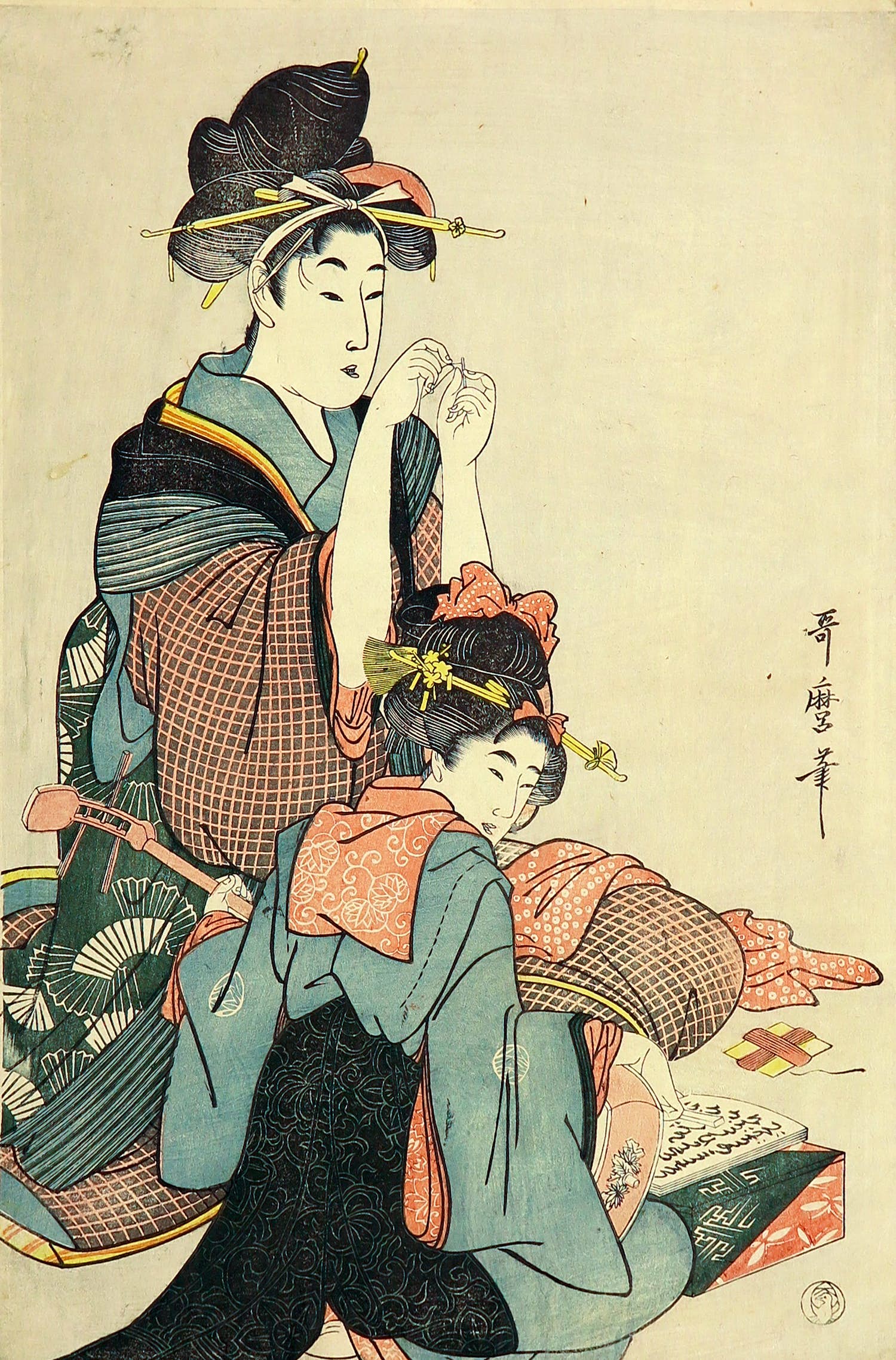 Kitagawa Utamaro - Houtdruk, Rijgende vrouw en muziek spelend meisje kopen? Bied vanaf 100!
