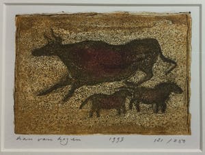 Han van Hagen - Dubbele kleurets/aquatint met koeien | Grottekening & Melkunie prent kopen? Bied vanaf 49!