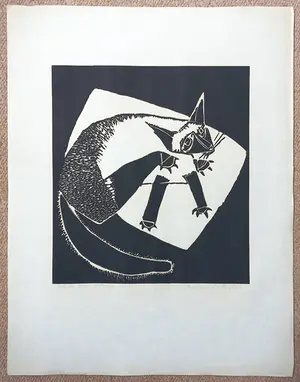 Harry Disberg - Zieke poes, houtsnede kopen? Bied vanaf 60!