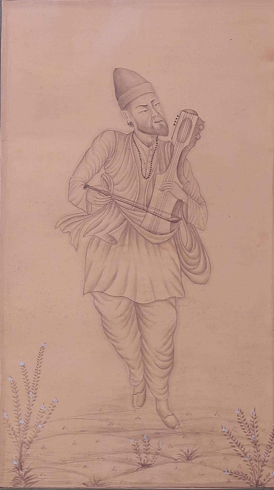 Niet of onleesbaar gesigneerd - Penseeltekening, Perzische muzikant vermoedelijk 18e eeuws - Ingelijst kopen? Bied vanaf 1!